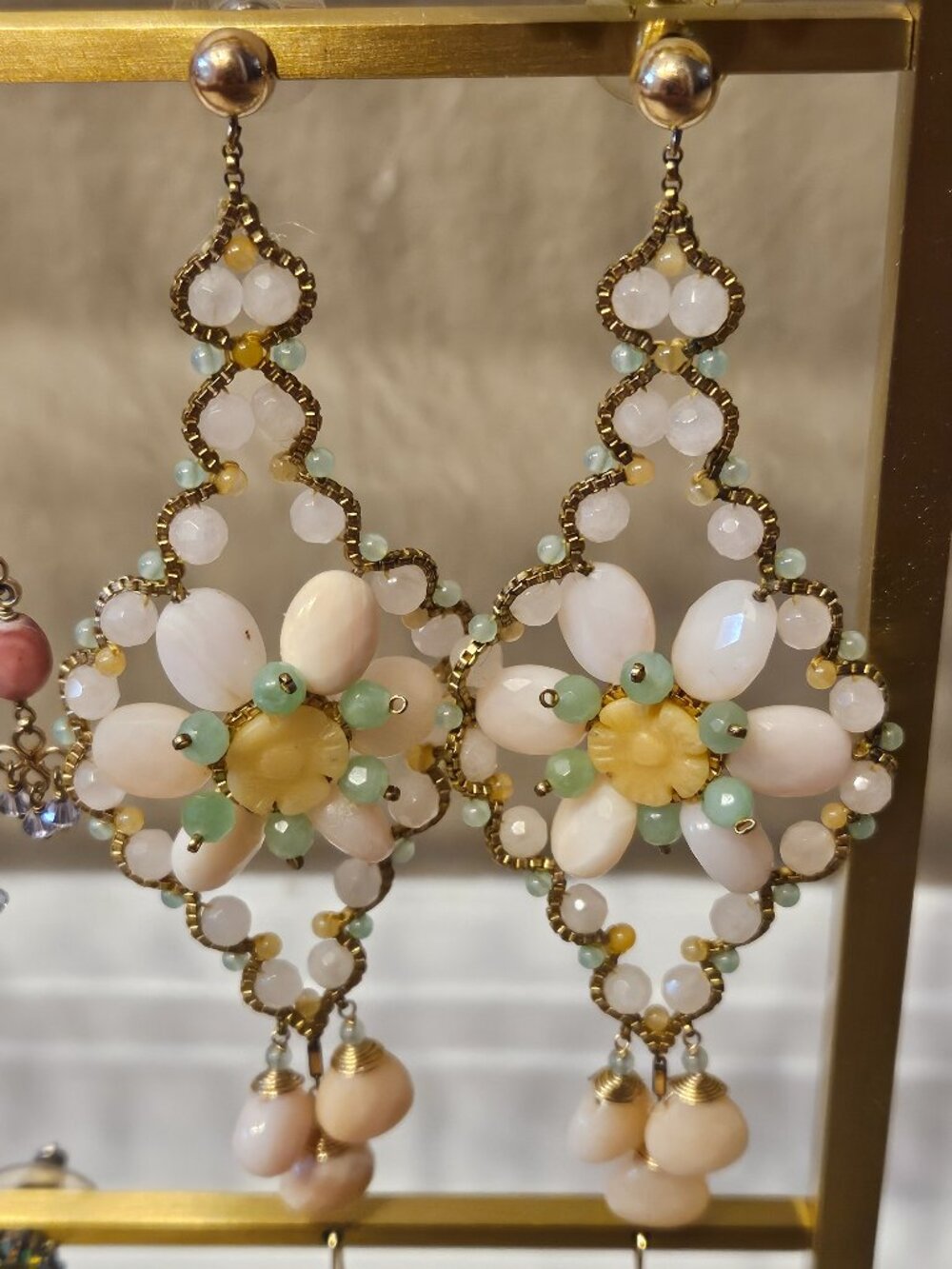 RARE STATEMENT MIGUEL ASES ROSE QUARTZ JADE CALCITE FLOWER CHANDELIER EARRINGS